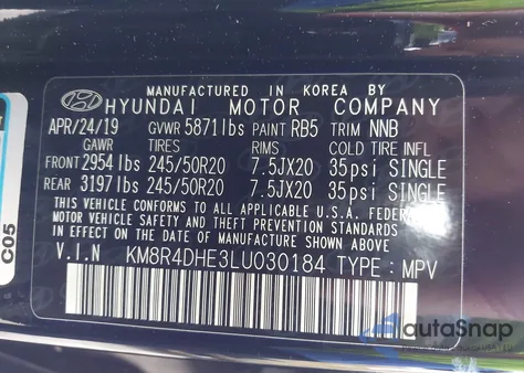 2020 Hyundai Palisade Sel from USA, damaged, VIN KM8R4DHE3LU030184